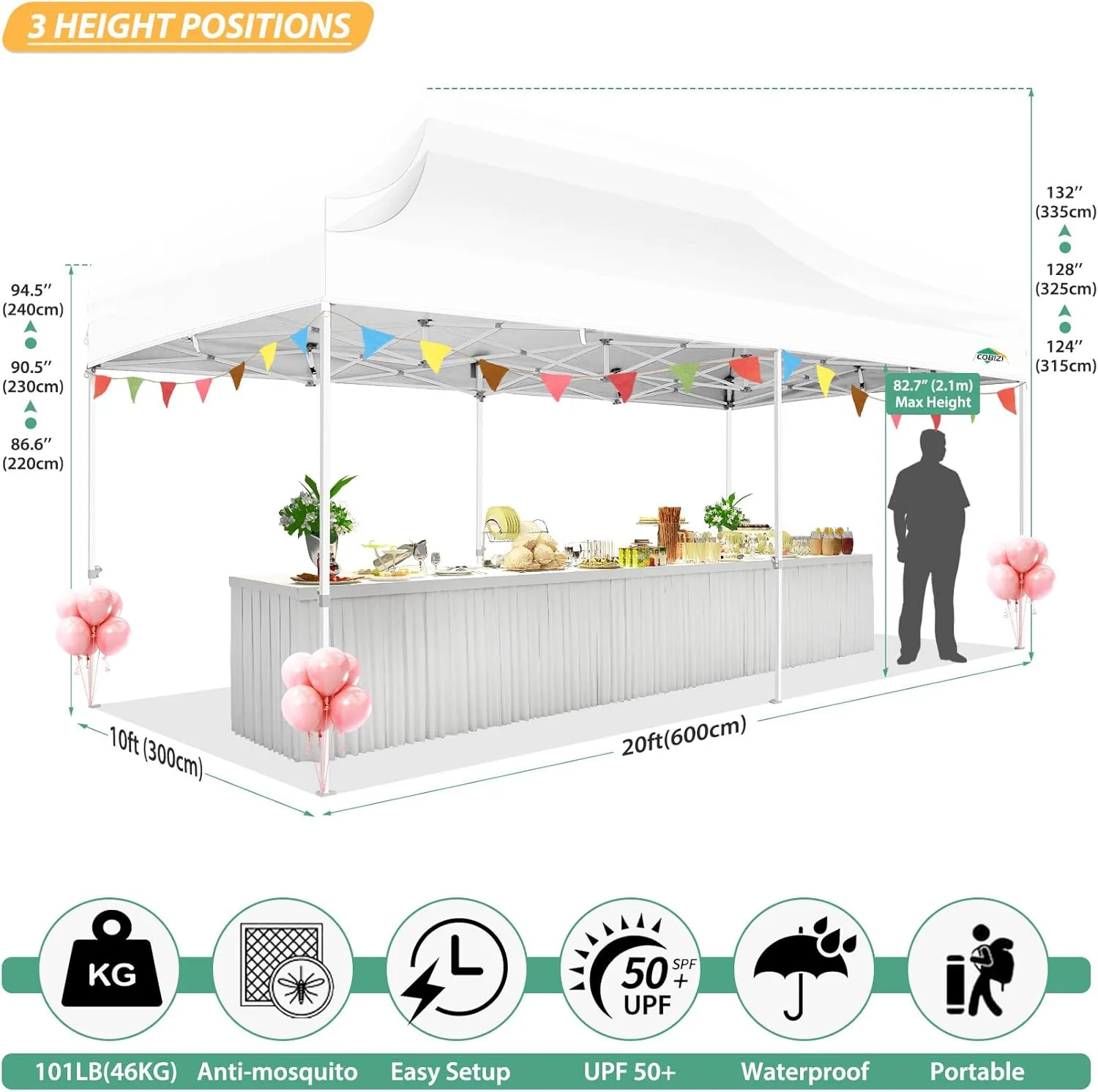 COBIZI 10x20 Canopy Tent with 6 Sidewalls,Heavy Duty Pop up Canopy with Mosquito Netting,Easy up Screen Tent for Parties Wedding Outdoor Patio with Roller Bag,White