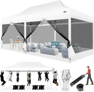 COBIZI 10x20 Canopy Tent with 6 Sidewalls,Heavy Duty Pop up Canopy with Mosquito Netting,Easy up Screen Tent for Parties Wedding Outdoor Patio with Roller Bag,White