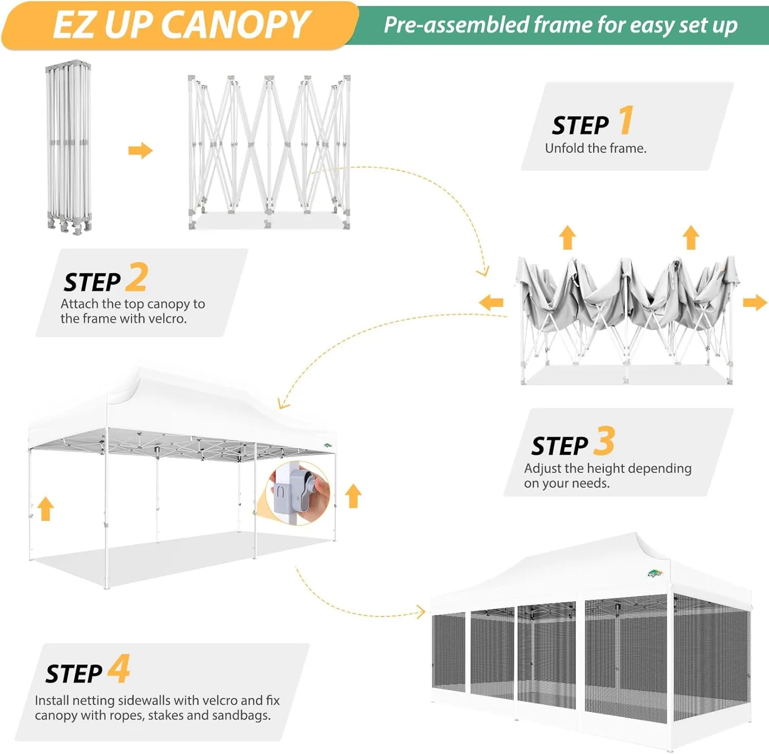 COBIZI 10x20 Canopy Tent with 6 Sidewalls,Heavy Duty Pop up Canopy with Mosquito Netting,Easy up Screen Tent for Parties Wedding Outdoor Patio with Roller Bag,White