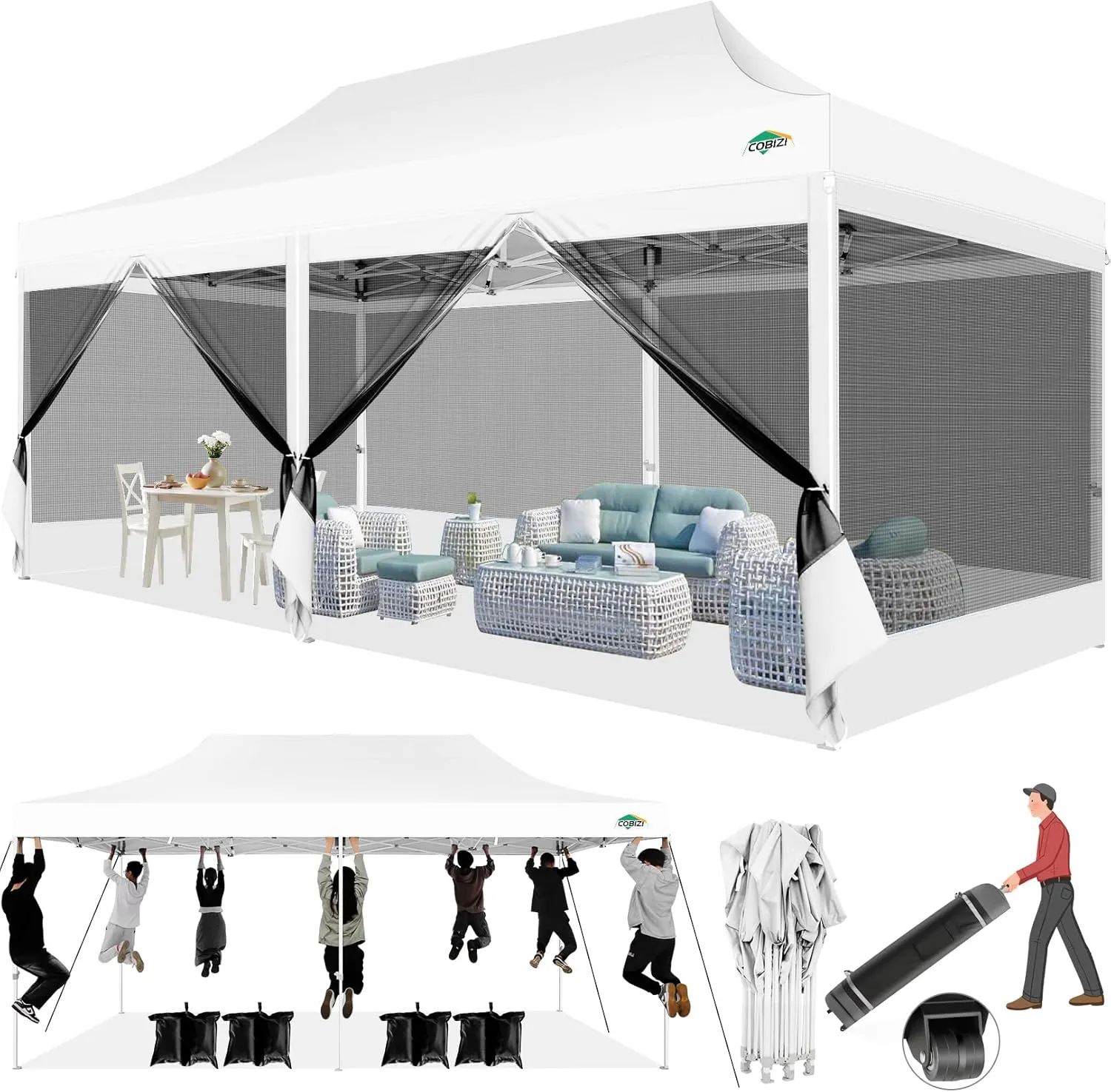 COBIZI 10x20 Canopy Tent with 6 Sidewalls,Heavy Duty Pop up Canopy with Mosquito Netting,Easy up Screen Tent for Parties Wedding Outdoor Patio with Roller Bag,White