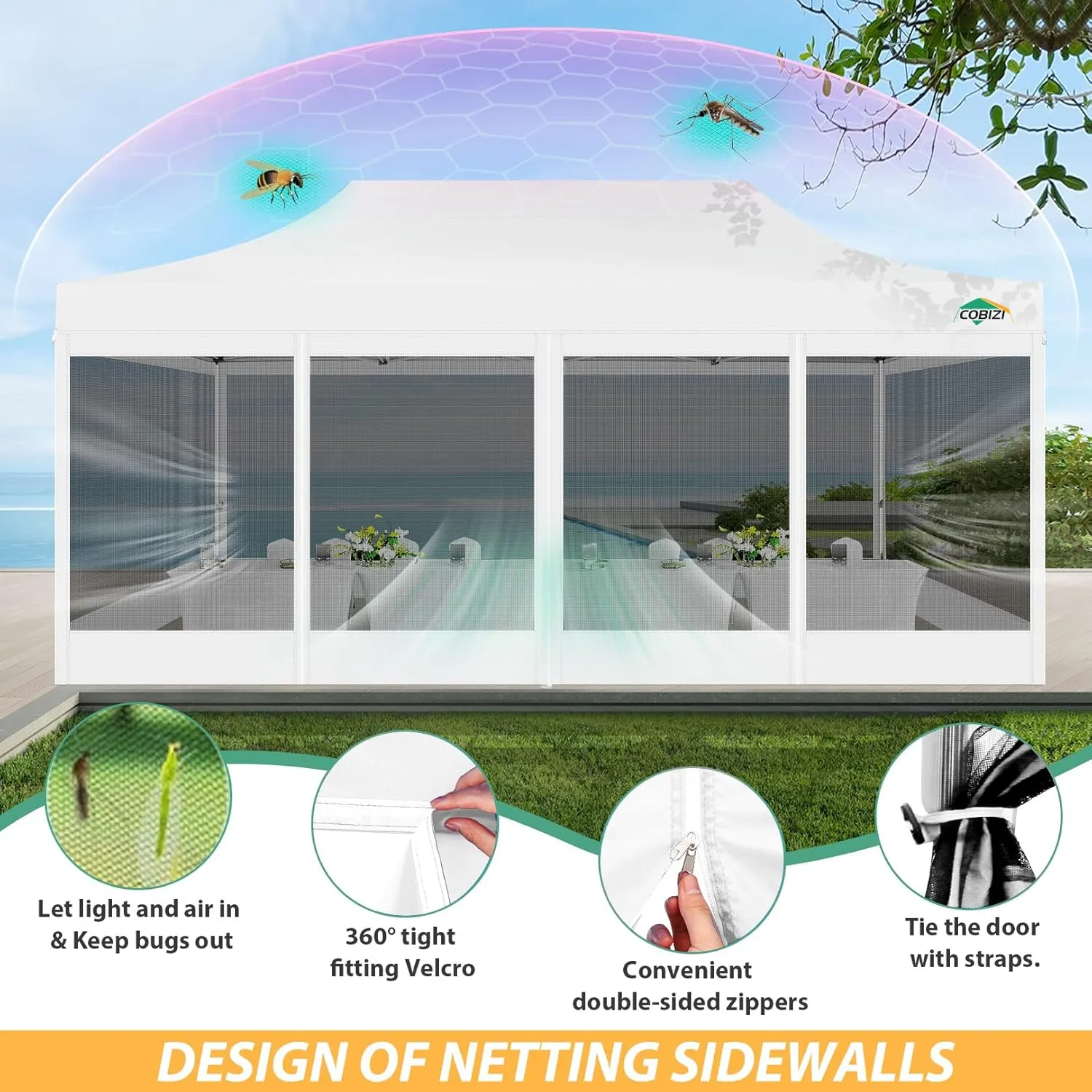 COBIZI 10x20 Canopy Tent with 6 Sidewalls,Heavy Duty Pop up Canopy with Mosquito Netting,Easy up Screen Tent for Parties Wedding Outdoor Patio with Roller Bag,White