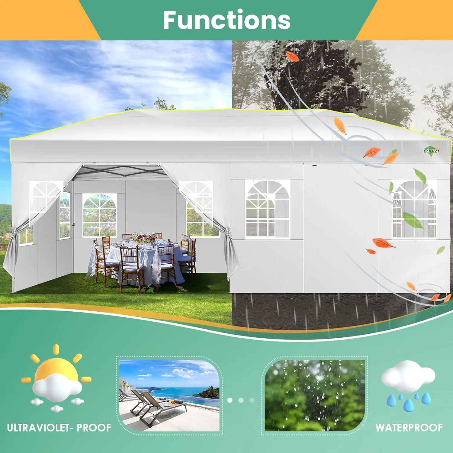 COBIZI 10x20 Pop Up Canopy Tent, Outdoor Party Tent With 6 Sidewall One Push Setup Glow, 3 Adjustable Height Air Vent Waterproof UPF50 , Bag, 4 Sandbag, 6 Stake, 12 Rope for Beach, Commercial
