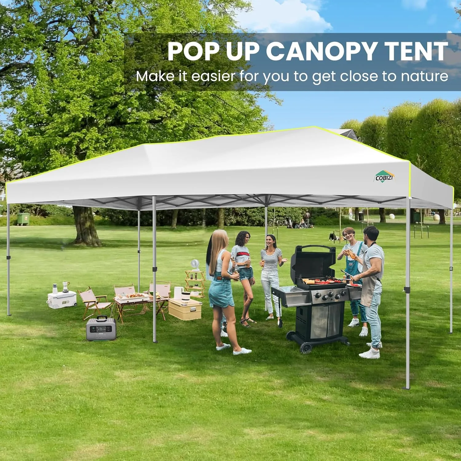 COBIZI 10x20 Pop Up Canopy Tent, Outdoor Party Tent With 6 Sidewall One Push Setup Glow, 3 Adjustable Height Air Vent Waterproof UPF50 , Bag, 4 Sandbag, 6 Stake, 12 Rope for Beach, Commercial