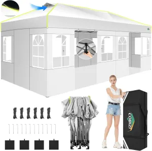 COBIZI 10x20 Pop Up Canopy Tent, Outdoor Party Tent With 6 Sidewall One Push Setup Glow, 3 Adjustable Height Air Vent Waterproof UPF50 , Bag, 4 Sandbag, 6 Stake, 12 Rope for Beach, Commercial