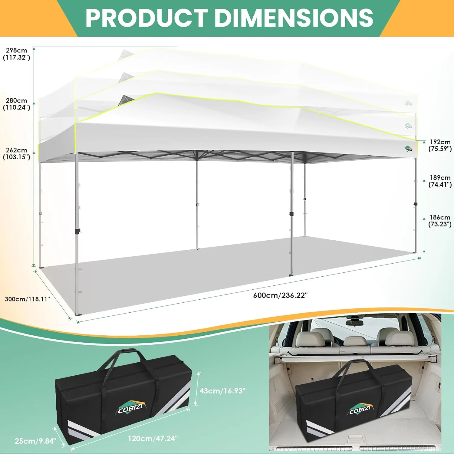 COBIZI 10x20 Pop Up Canopy Tent, Outdoor Party Tent With 6 Sidewall One Push Setup Glow, 3 Adjustable Height Air Vent Waterproof UPF50 , Bag, 4 Sandbag, 6 Stake, 12 Rope for Beach, Commercial