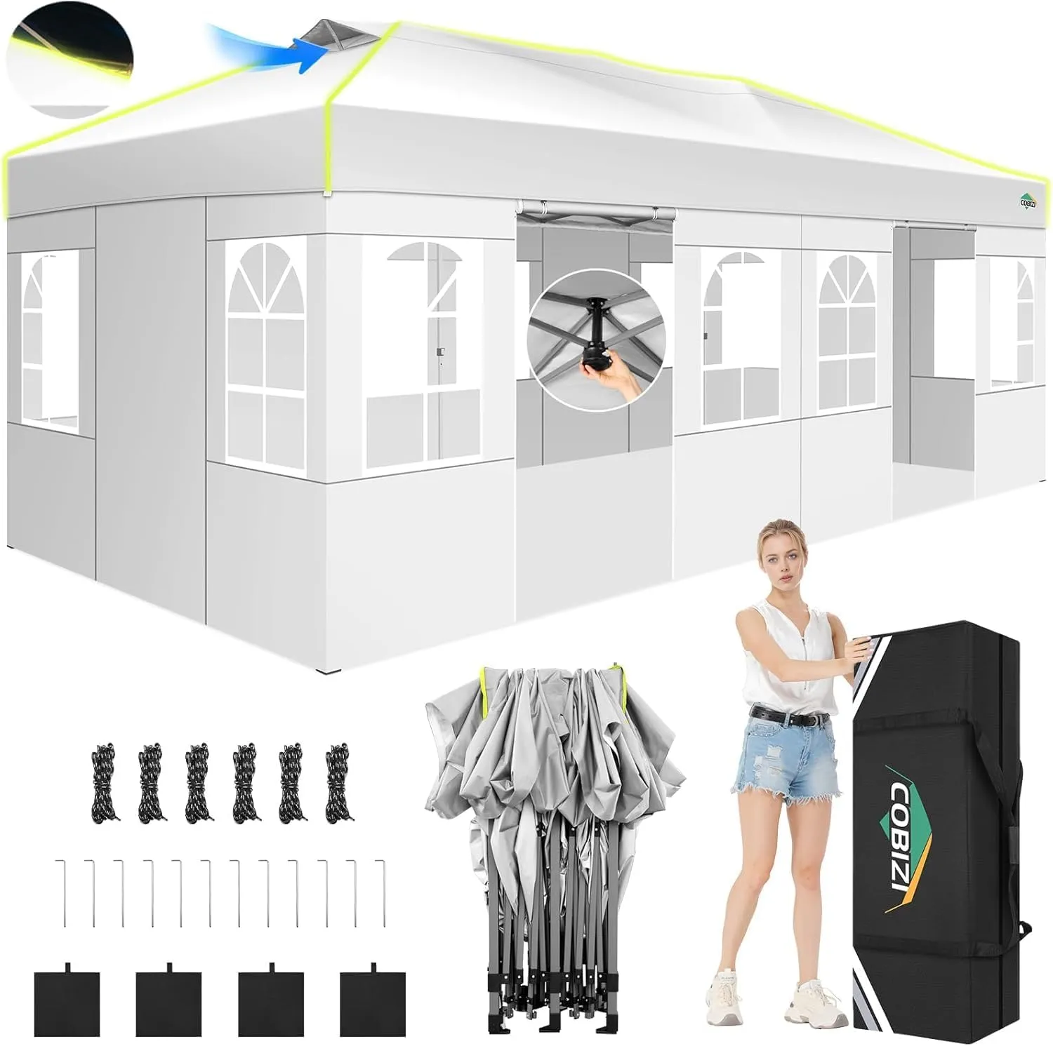 COBIZI 10x20 Pop Up Canopy Tent, Outdoor Party Tent With 6 Sidewall One Push Setup Glow, 3 Adjustable Height Air Vent Waterproof UPF50 , Bag, 4 Sandbag, 6 Stake, 12 Rope for Beach, Commercial