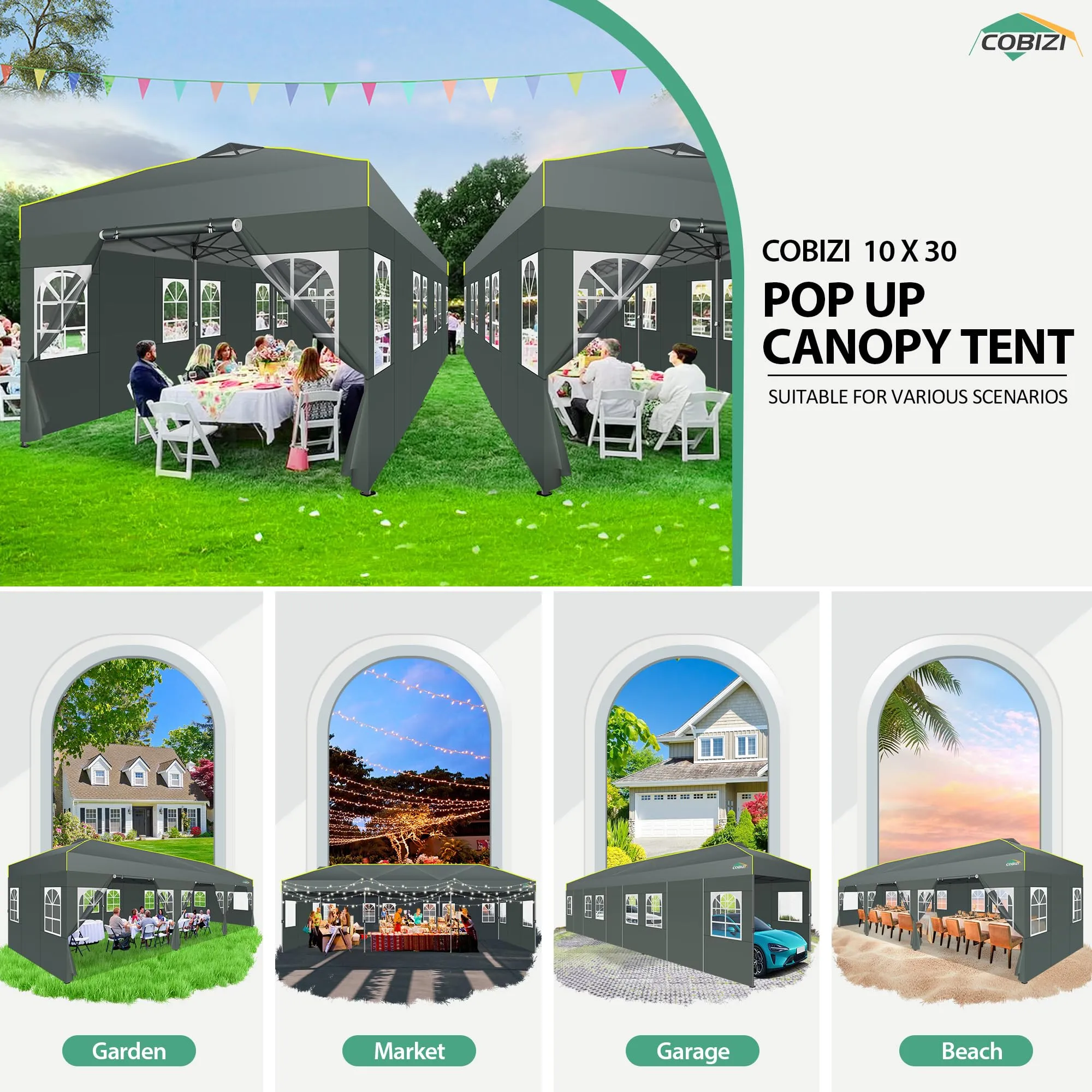COBIZI 10x30 Pop Up Canopy Tent with Sidewalls 10x30 Party Tent Outdoor Wedding Event Tent for Parties UPF 50  Windproof Waterproof Gazebo with Air Vent, Wheeled Bag, Sandbag, Stake, Rope,(Gray