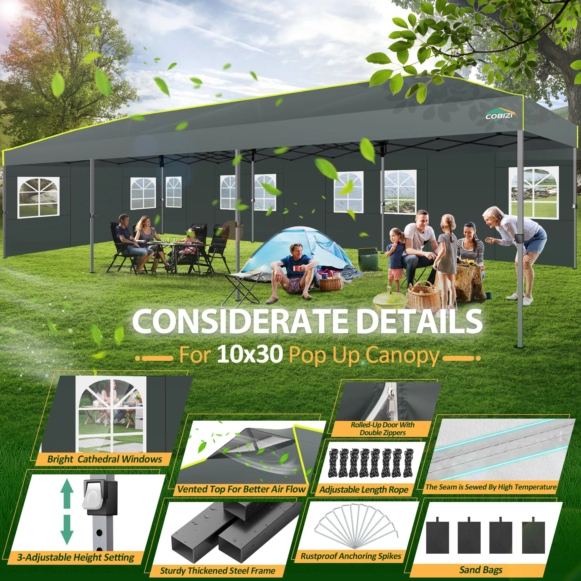 COBIZI 10x30 Pop Up Canopy Tent with Sidewalls 10x30 Party Tent Outdoor Wedding Event Tent for Parties UPF 50  Windproof Waterproof Gazebo with Air Vent, Wheeled Bag, Sandbag, Stake, Rope,(Gray
