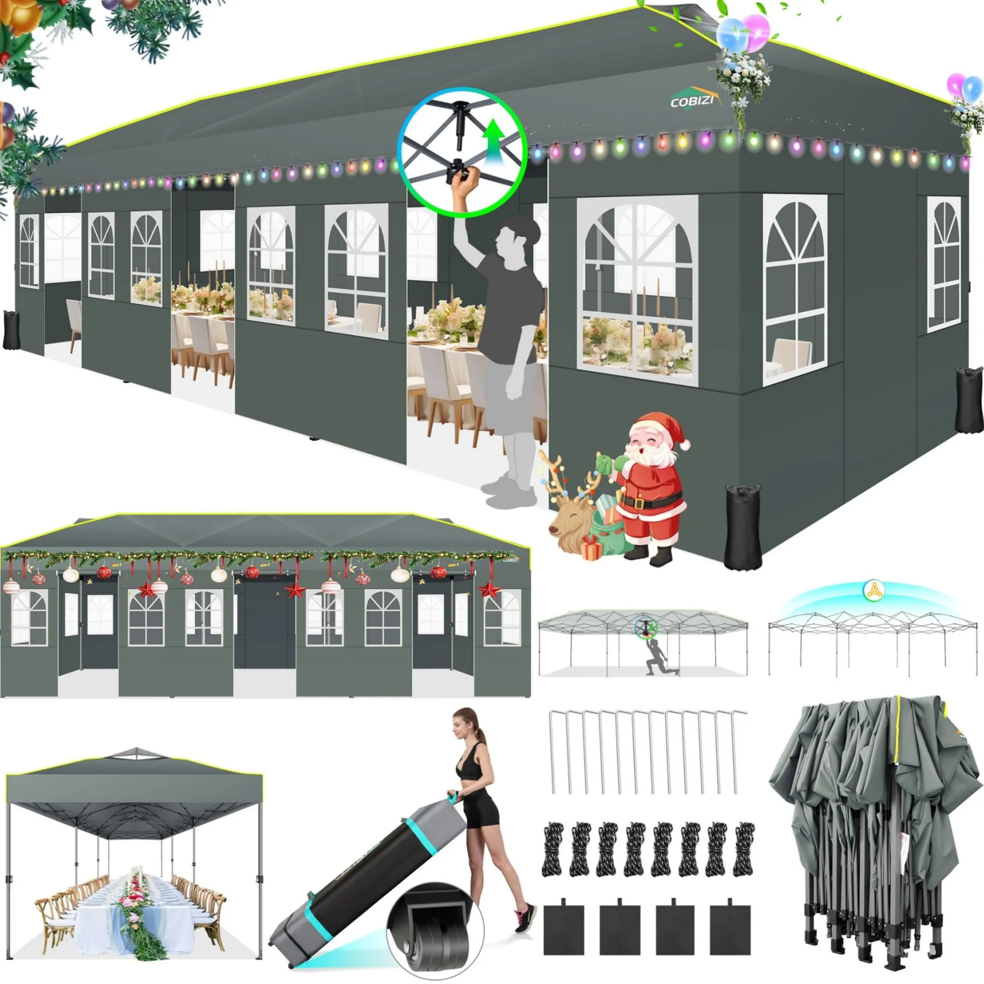 COBIZI 10x30 Pop Up Canopy Tent with Sidewalls 10x30 Party Tent Outdoor Wedding Event Tent for Parties UPF 50  Windproof Waterproof Gazebo with Air Vent, Wheeled Bag, Sandbag, Stake, Rope,(Gray