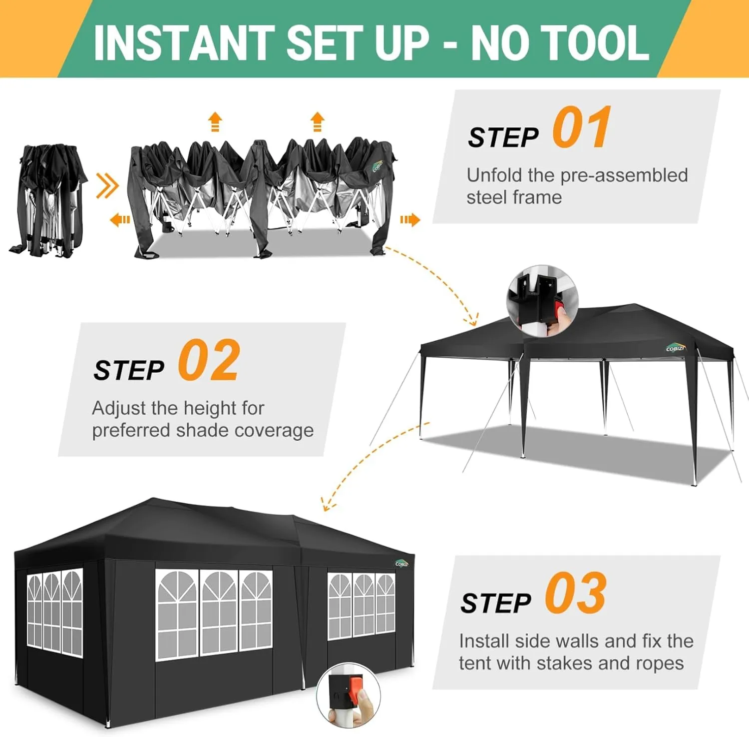 COBIZI Canopy 10x20 Pop Up Canopy with 6 Sidewalls,Waterproof Canopy Outdoor Event Shelter UPF 50  Gazebo Portable Tents for Parties Beach Camping Wedding Commercial Instant Easy up Canopy(Black