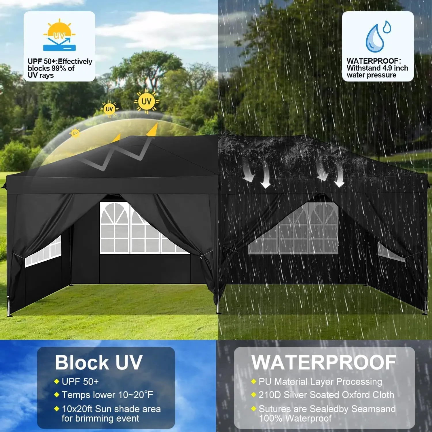 COBIZI Canopy 10x20 Pop Up Canopy with 6 Sidewalls,Waterproof Canopy Outdoor Event Shelter UPF 50  Gazebo Portable Tents for Parties Beach Camping Wedding Commercial Instant Easy up Canopy(Black
