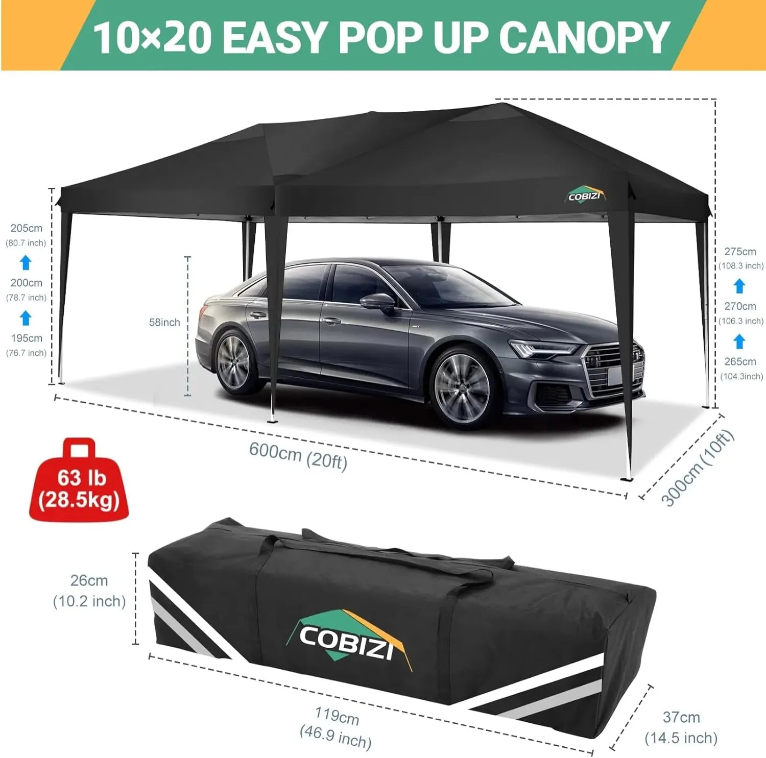 COBIZI Canopy 10x20 Pop Up Canopy with 6 Sidewalls,Waterproof Canopy Outdoor Event Shelter UPF 50  Gazebo Portable Tents for Parties Beach Camping Wedding Commercial Instant Easy up Canopy(Black