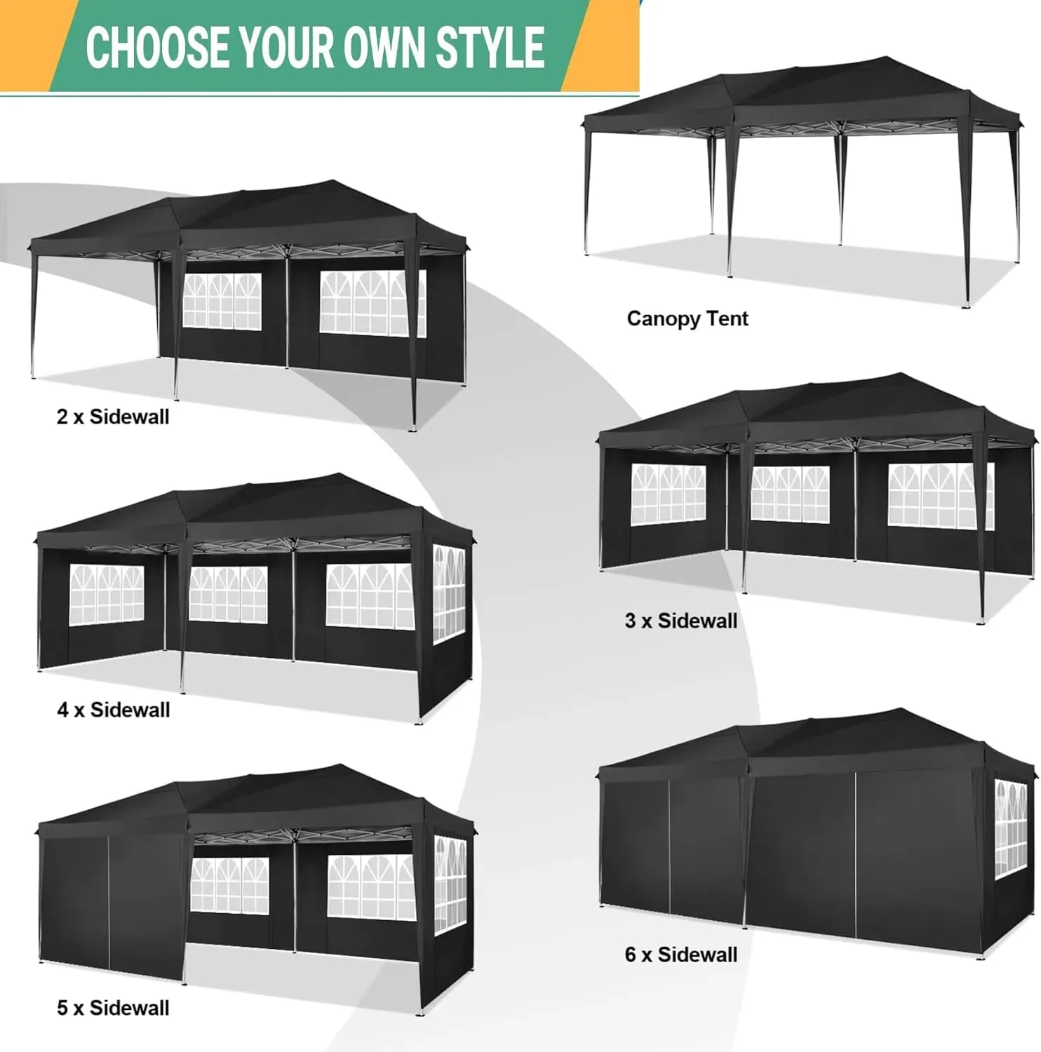 COBIZI Canopy 10x20 Pop Up Canopy with 6 Sidewalls,Waterproof Canopy Outdoor Event Shelter UPF 50  Gazebo Portable Tents for Parties Beach Camping Wedding Commercial Instant Easy up Canopy(Black