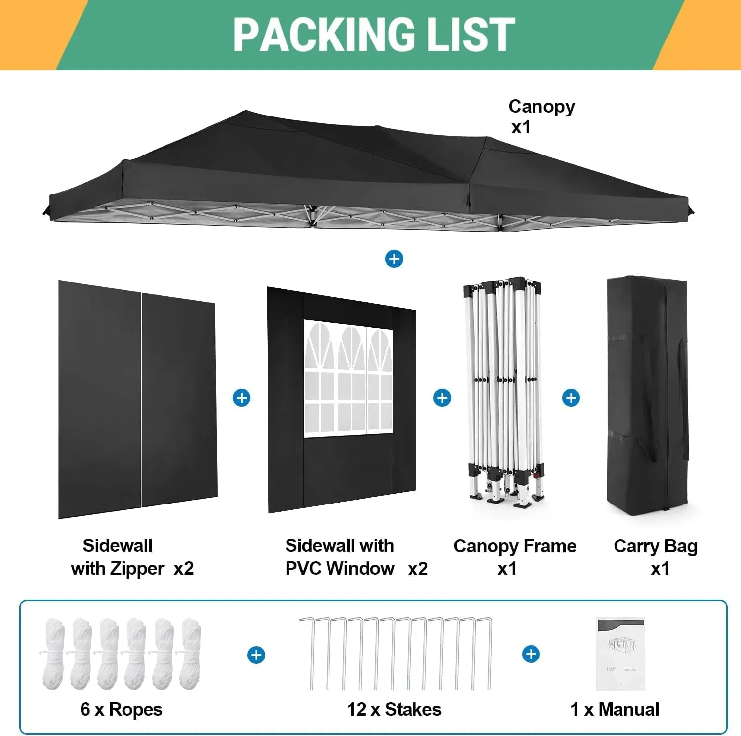 COBIZI Canopy 10x20 Pop Up Canopy with 6 Sidewalls,Waterproof Canopy Outdoor Event Shelter UPF 50  Gazebo Portable Tents for Parties Beach Camping Wedding Commercial Instant Easy up Canopy(Black
