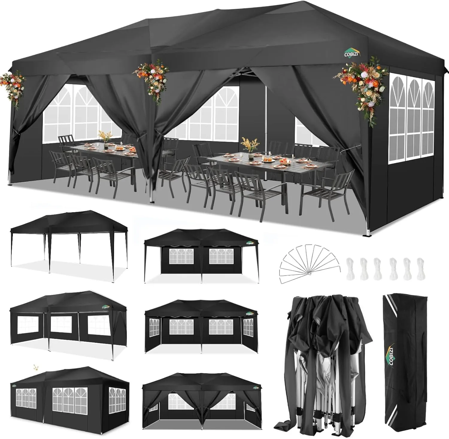 COBIZI Canopy 10x20 Pop Up Canopy with 6 Sidewalls,Waterproof Canopy Outdoor Event Shelter UPF 50  Gazebo Portable Tents for Parties Beach Camping Wedding Commercial Instant Easy up Canopy(Black