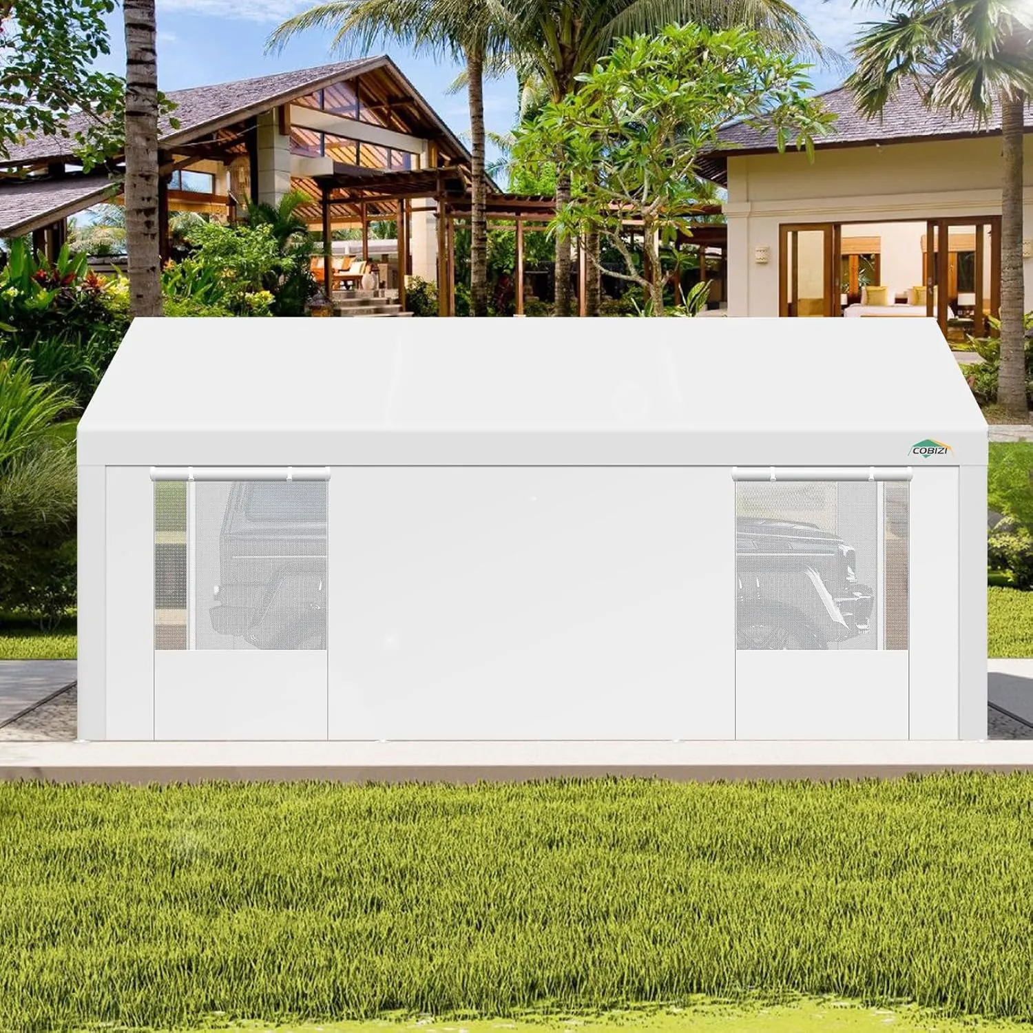 COBIZI Car Ports 12x20 Heavy Duty Portable Garage, Upgraded Canopy with Removable Sidewalls, Ventilated Windows & Built-in Sandbags, Waterproof All-Season Tarp, for Truck, Boat, White