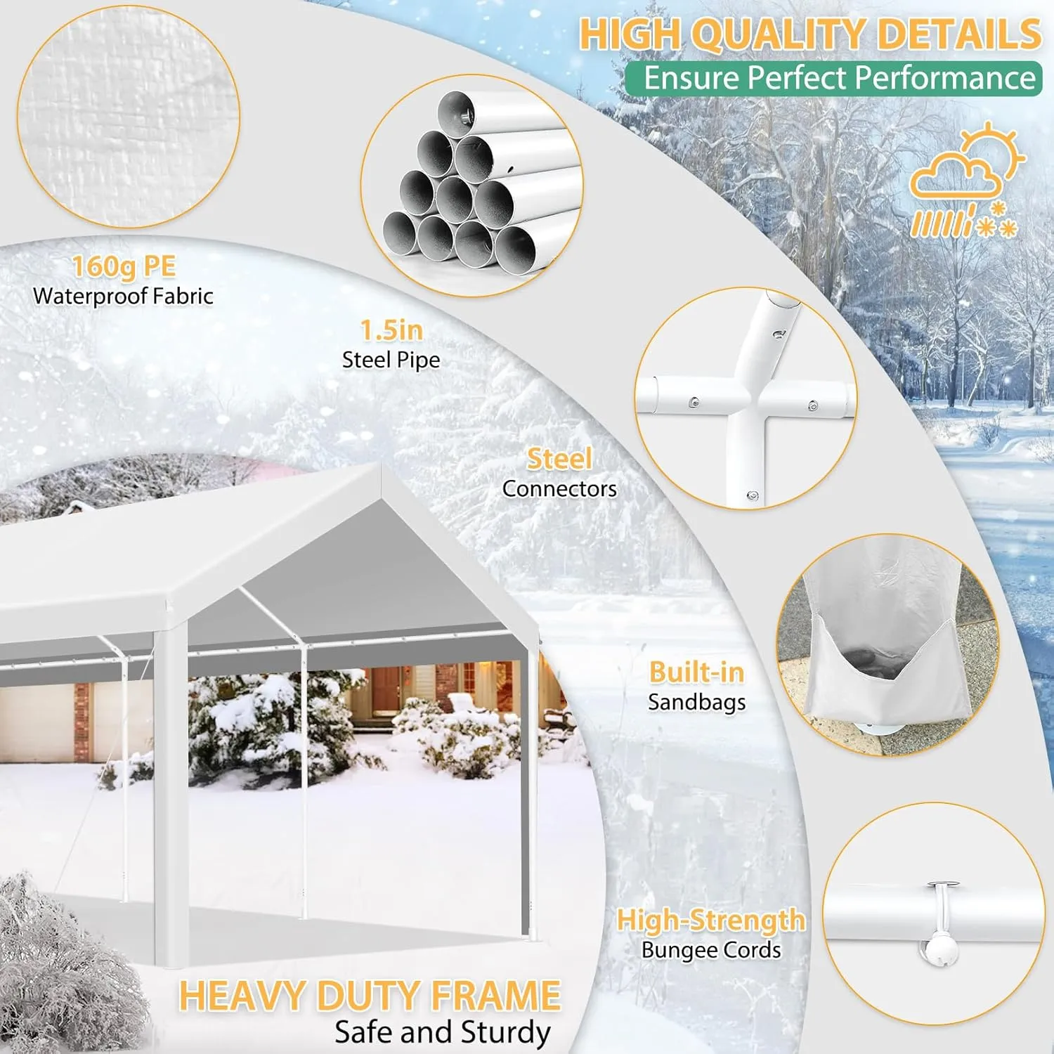 COBIZI Car Ports 12x20 Heavy Duty Portable Garage, Upgraded Canopy with Removable Sidewalls, Ventilated Windows & Built-in Sandbags, Waterproof All-Season Tarp, for Truck, Boat, White