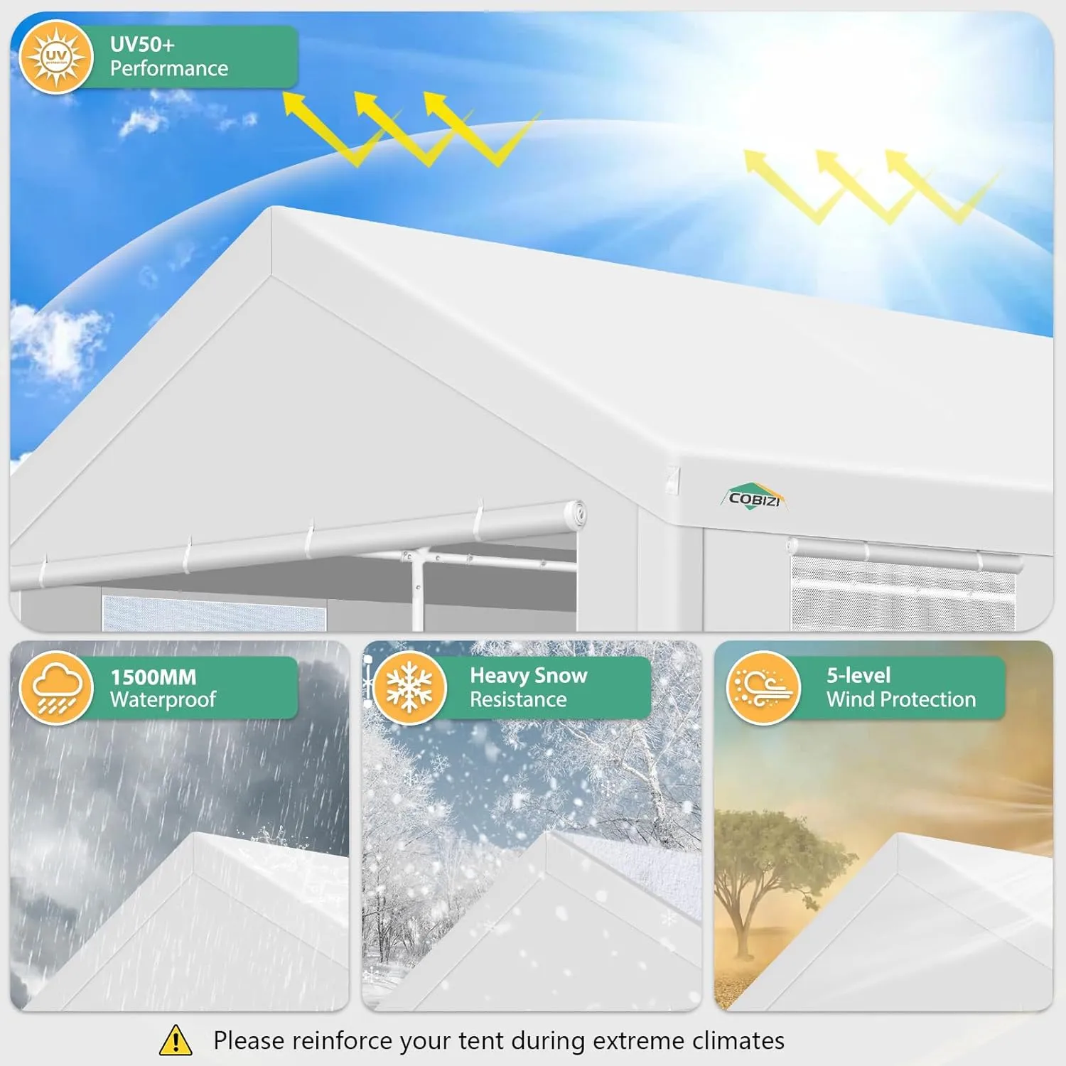 COBIZI Car Ports 12x20 Heavy Duty Portable Garage, Upgraded Canopy with Removable Sidewalls, Ventilated Windows & Built-in Sandbags, Waterproof All-Season Tarp, for Truck, Boat, White