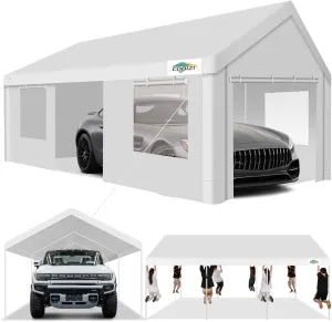 COBIZI Car Ports 12x20 Heavy Duty Portable Garage, Upgraded Canopy with Removable Sidewalls, Ventilated Windows & Built-in Sandbags, Waterproof All-Season Tarp, for Truck, Boat, White