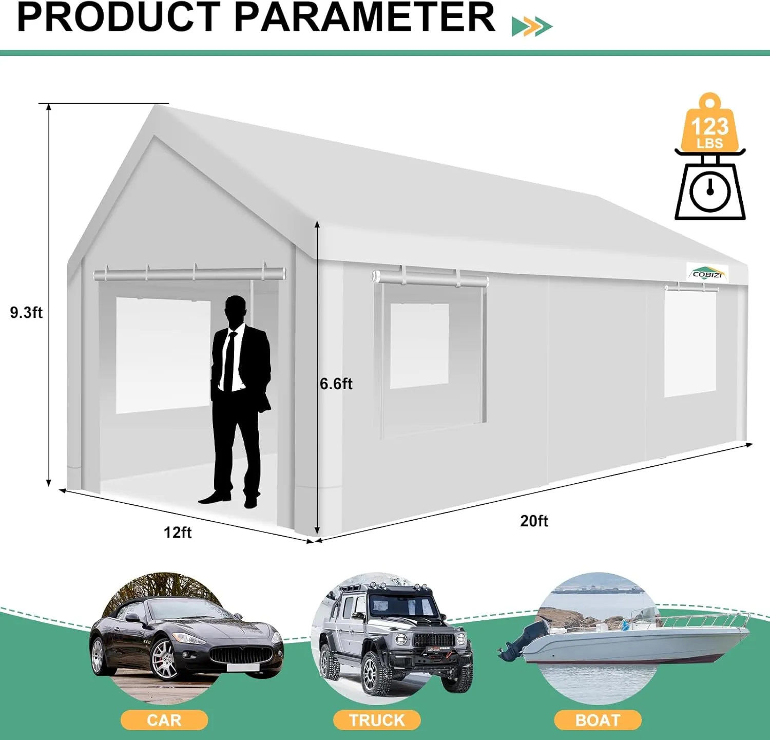 COBIZI Car Ports 12x20 Heavy Duty Portable Garage, Upgraded Canopy with Removable Sidewalls, Ventilated Windows & Built-in Sandbags, Waterproof All-Season Tarp, for Truck, Boat, White