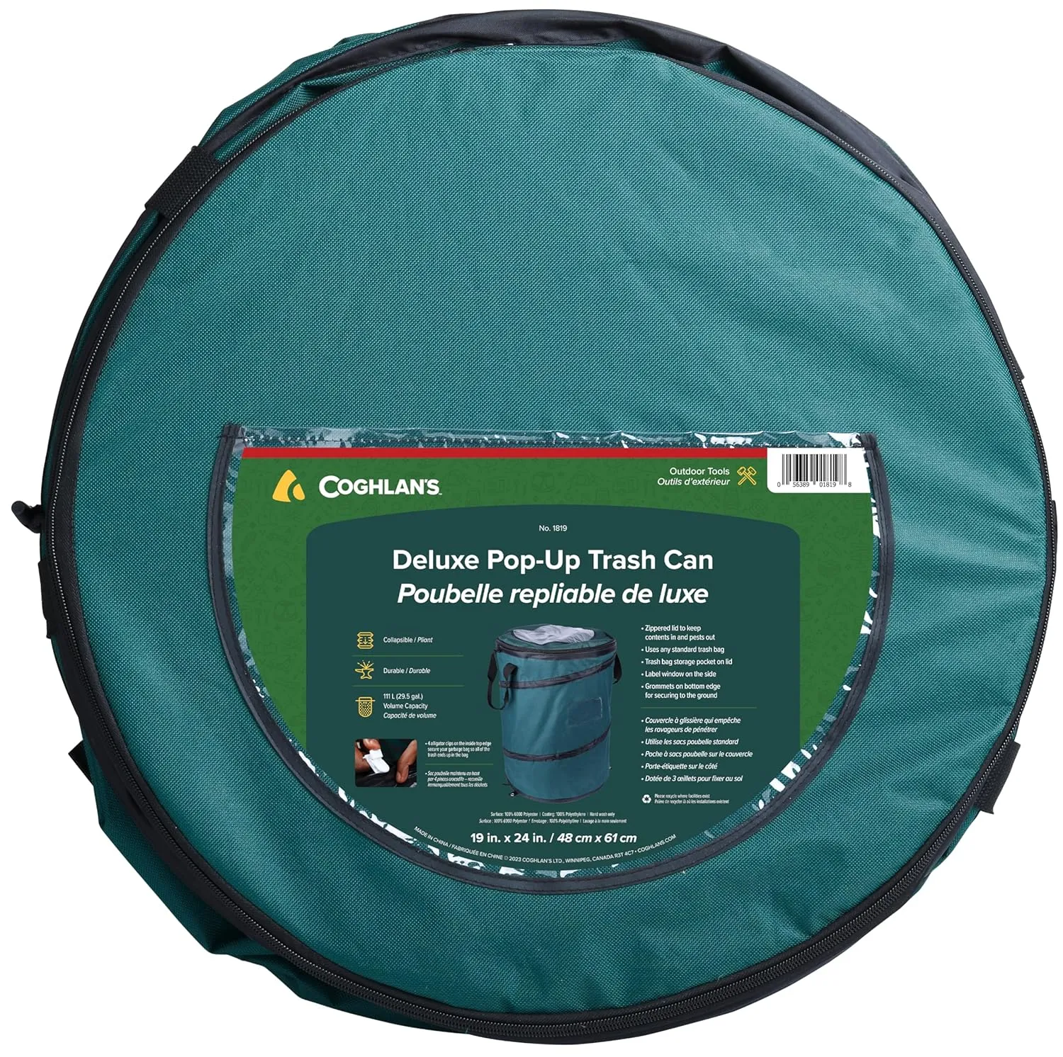 Coghlan's Deluxe Pop-Up Trash Can, Spring-loaded Collapsible Garbage Can for Camping, 24 x 19 inches, Heavy-Duty 600D Polyester, 29.5 Gallon, Green