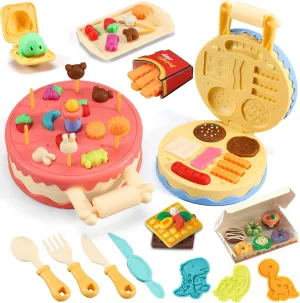 Color Dough Set Birthday Cake Color Dough Kitchen Creations Hamburger Maker Tools Kit for Kids Ages 4-8, Birthday Party Pretend Toys Gift,42 Pieces, with Candles and Dino Cookies