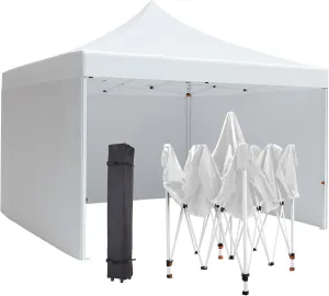 Commercial Canopy Tent 10*10ft,Instant Gazebo Tent, Outdoor Portable Shelter With 3 Sidewalls, Windows, Wheeled Bag,Stakes and Ropes,Pop Up Canopy Tent for Outdoor/Parties and Events-White