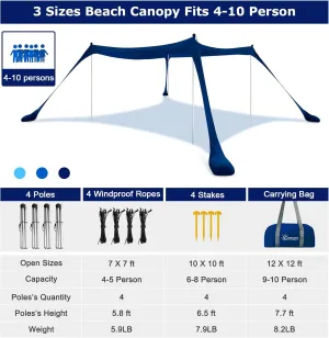 COMMOUDS Beach Tent, Camping Sun Shelter with UPF50  Protection, Sand Shovels, Ground Pegs and 4 Stability Poles, Outdoor Pop Up Beach Shade Canopy for Fishing, Backyard or Picnics