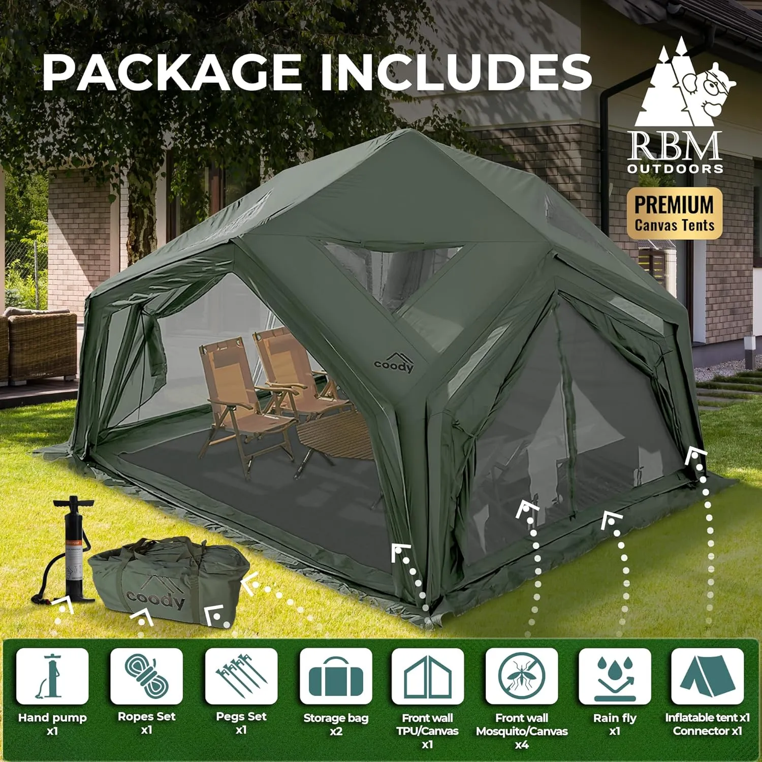 Coody | Rbm Outdoors Koala/Hub/Octopus Inflatable Tents for Camping with Stove Jack, 2/8/10 Person Luxury Canvas Blow Up Tent, 2 Room, Easy Setup Casa de Campaña, Large Inflatable House with Pump