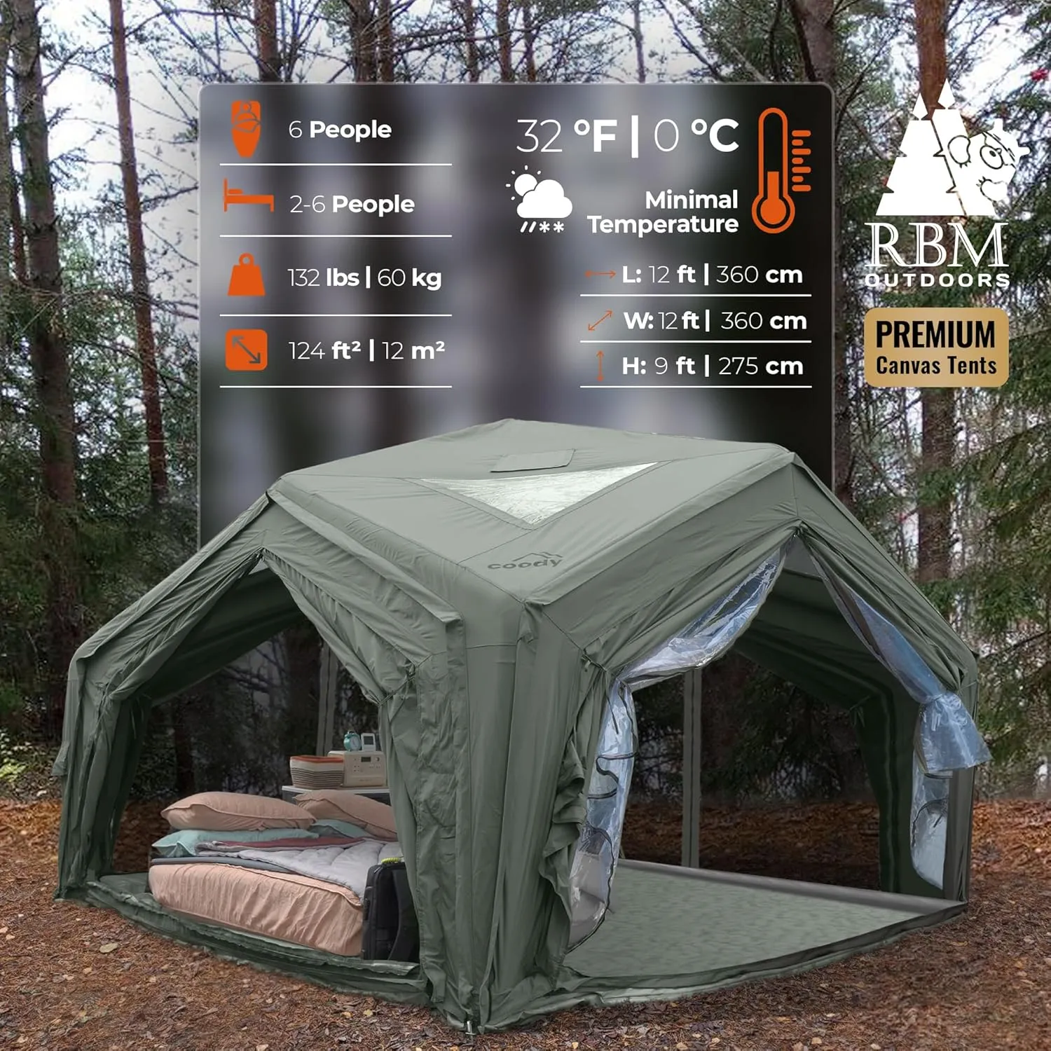 Coody | Rbm Outdoors Koala/Hub/Octopus Inflatable Tents for Camping with Stove Jack, 2/8/10 Person Luxury Canvas Blow Up Tent, 2 Room, Easy Setup Casa de Campaña, Large Inflatable House with Pump