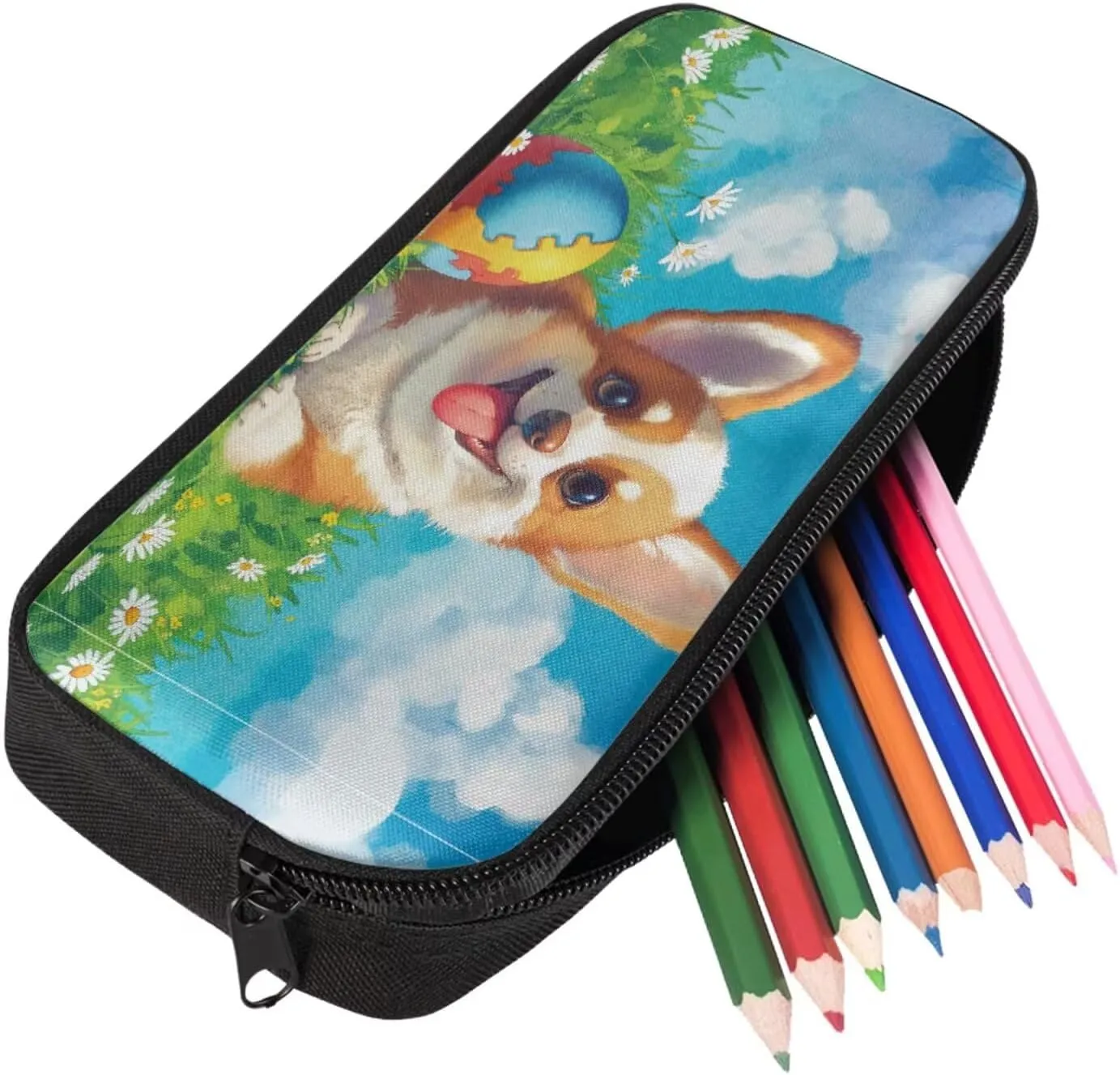 Corgi Backpack for School Girls Backpack with Lunch Box and Cute Pencil Pouch 3PCS Set Sturdy Bookbag with Compartments Casual Daypack Backpacks 17 inch Large School Bag for Elementary Girls