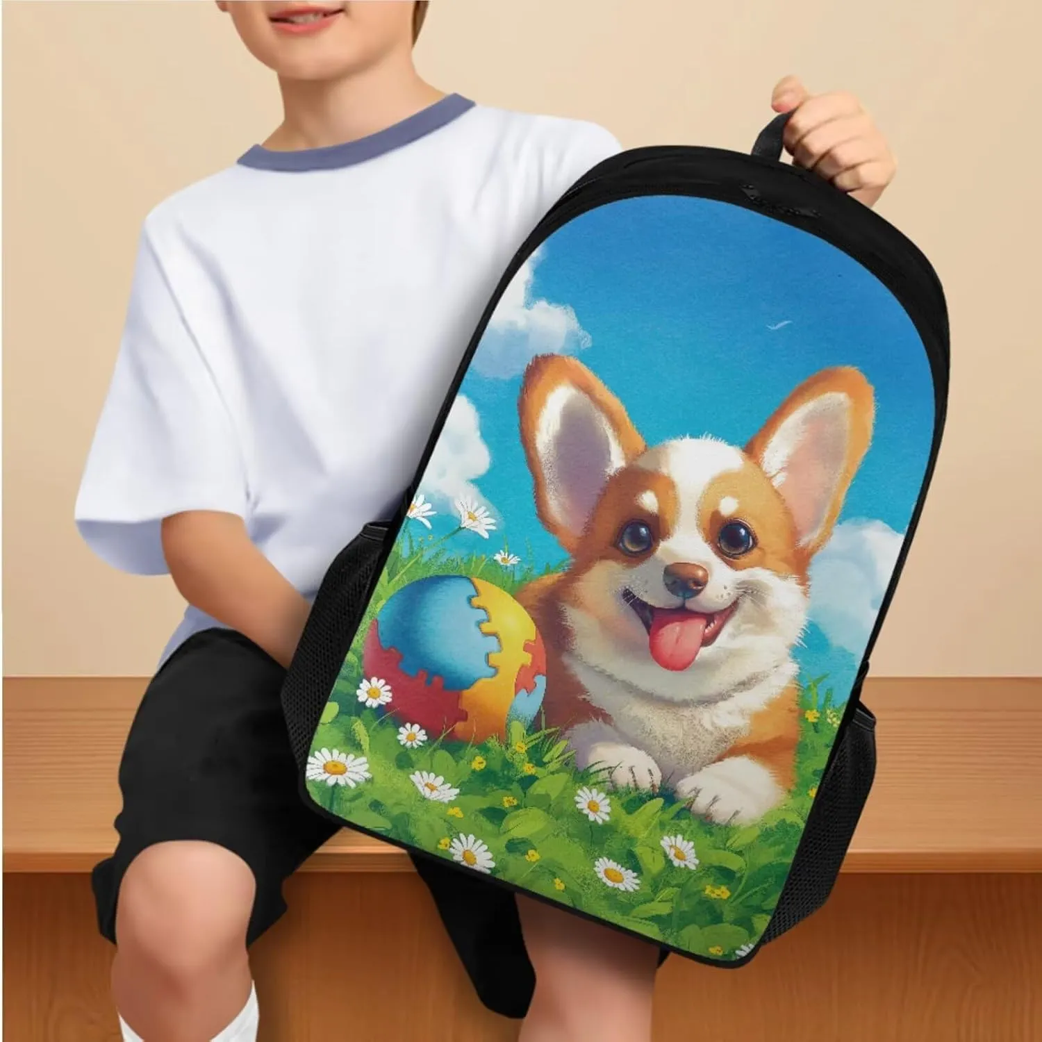 Corgi Backpack for School Girls Backpack with Lunch Box and Cute Pencil Pouch 3PCS Set Sturdy Bookbag with Compartments Casual Daypack Backpacks 17 inch Large School Bag for Elementary Girls