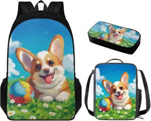 Corgi Backpack for School Girls Backpack with Lunch Box and Cute Pencil Pouch 3PCS Set Sturdy Bookbag with Compartments Casual Daypack Backpacks 17 inch Large School Bag for Elementary Girls