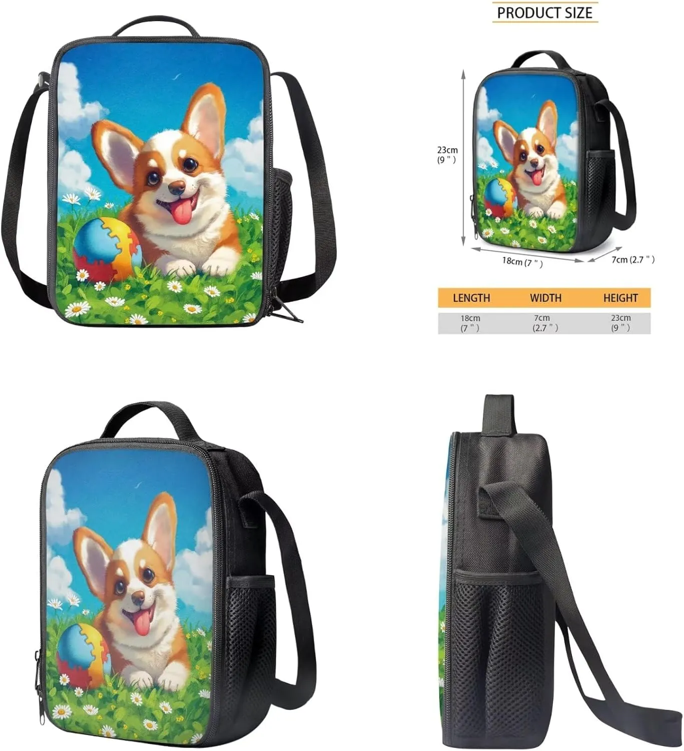 Corgi Backpack for School Girls Backpack with Lunch Box and Cute Pencil Pouch 3PCS Set Sturdy Bookbag with Compartments Casual Daypack Backpacks 17 inch Large School Bag for Elementary Girls