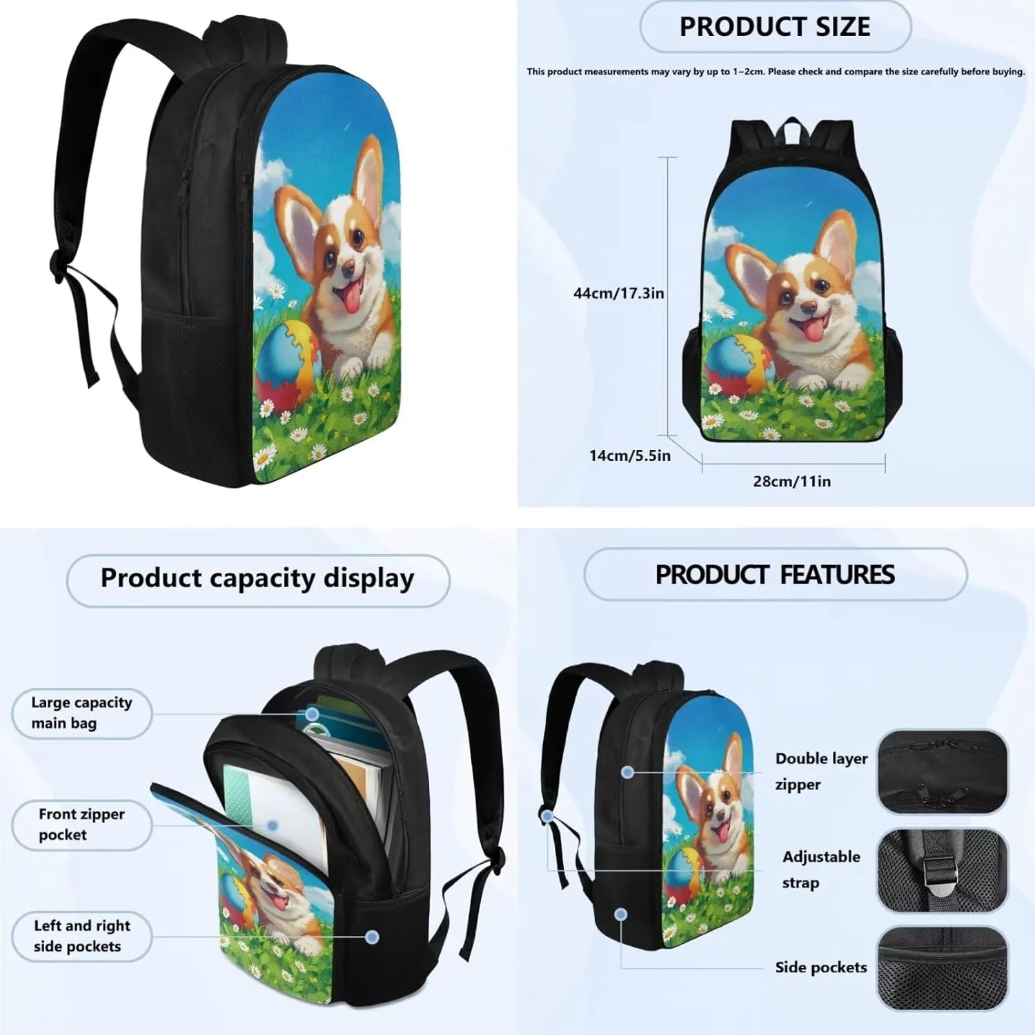 Corgi Backpack for School Girls Backpack with Lunch Box and Cute Pencil Pouch 3PCS Set Sturdy Bookbag with Compartments Casual Daypack Backpacks 17 inch Large School Bag for Elementary Girls