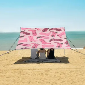 Cowboy Cowgirl Boots Beach Canopy Tent Anti-UV & Wind Resistant, Trendy Pink Colors Camping Sun Shelter Easy Setup Portable,Outdoor Shade Tents with Sandbags,Sand Shovels,Ground Pegs & Stability