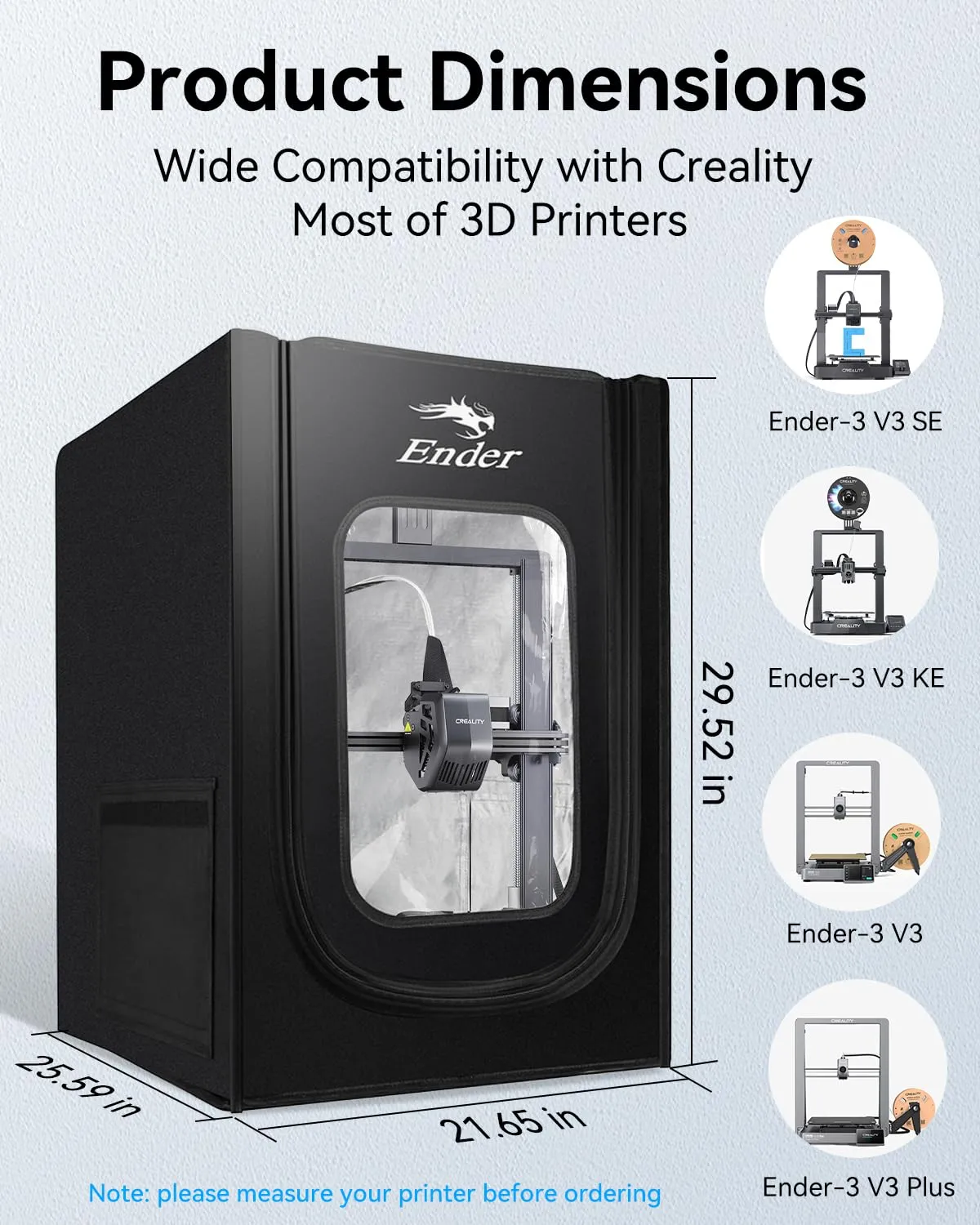 Creality Official 3D Printer Enclosure, Fireproof and Dustproof Tent Constant Temperature Protective Cover Compatible with Creality Ender 3/ Ender 3 V3 SE/Ender 3 V3 KE, 21.65”x 25.59”x 29.52”