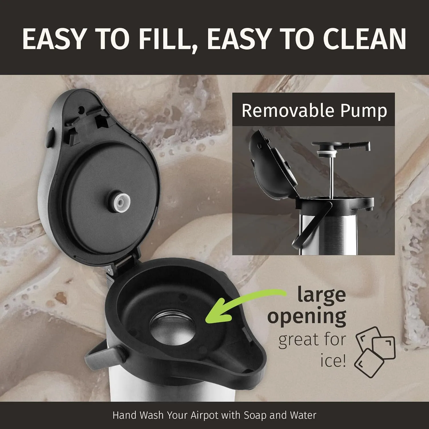 Cresimo 102oz Airpot Coffee Dispenser with Pump & Stainless Steel Table Tent Signs - 3L Airpots for Hot Beverages - Easy-to-Use Insulated Coffee Carafe with Pump & Beverage Labels