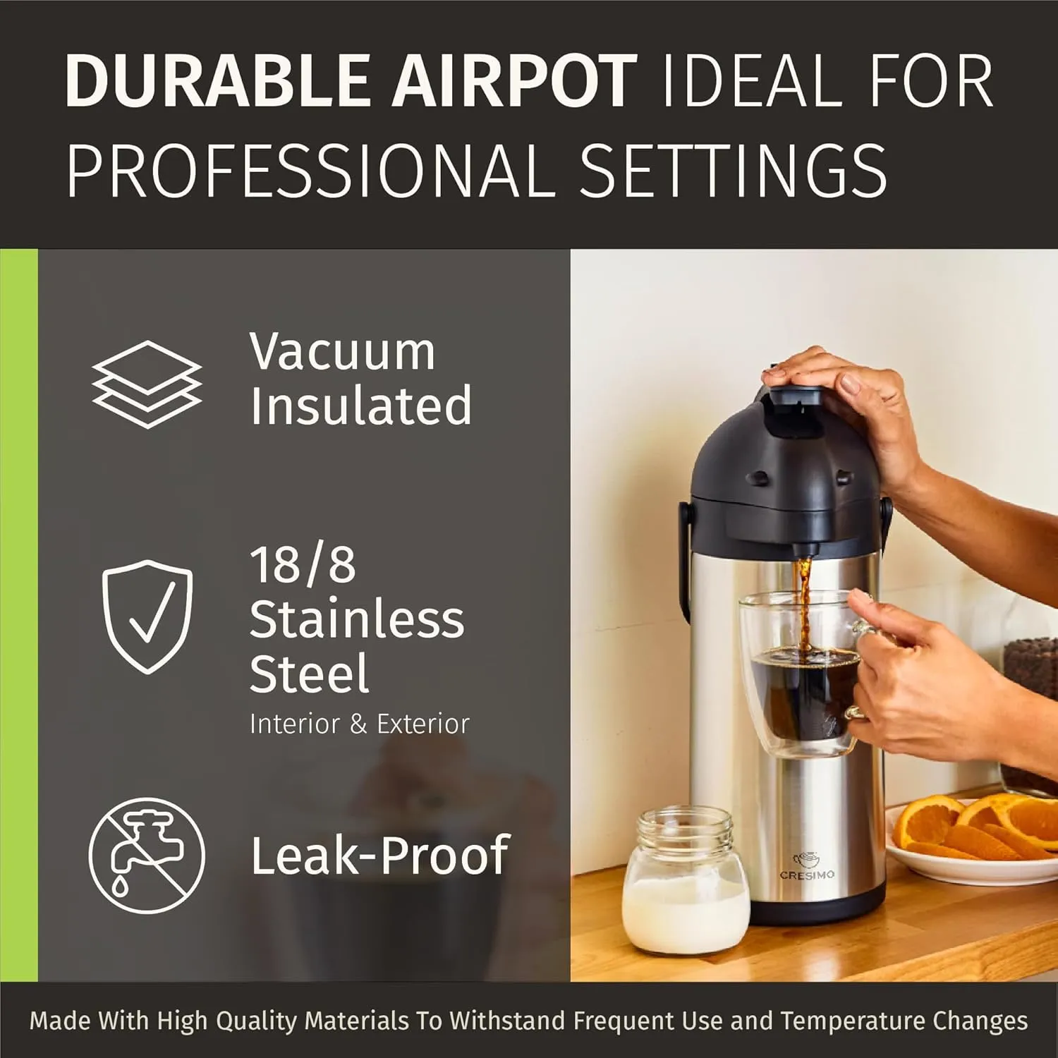 Cresimo 102oz Airpot Coffee Dispenser with Pump & Stainless Steel Table Tent Signs - 3L Airpots for Hot Beverages - Easy-to-Use Insulated Coffee Carafe with Pump & Beverage Labels