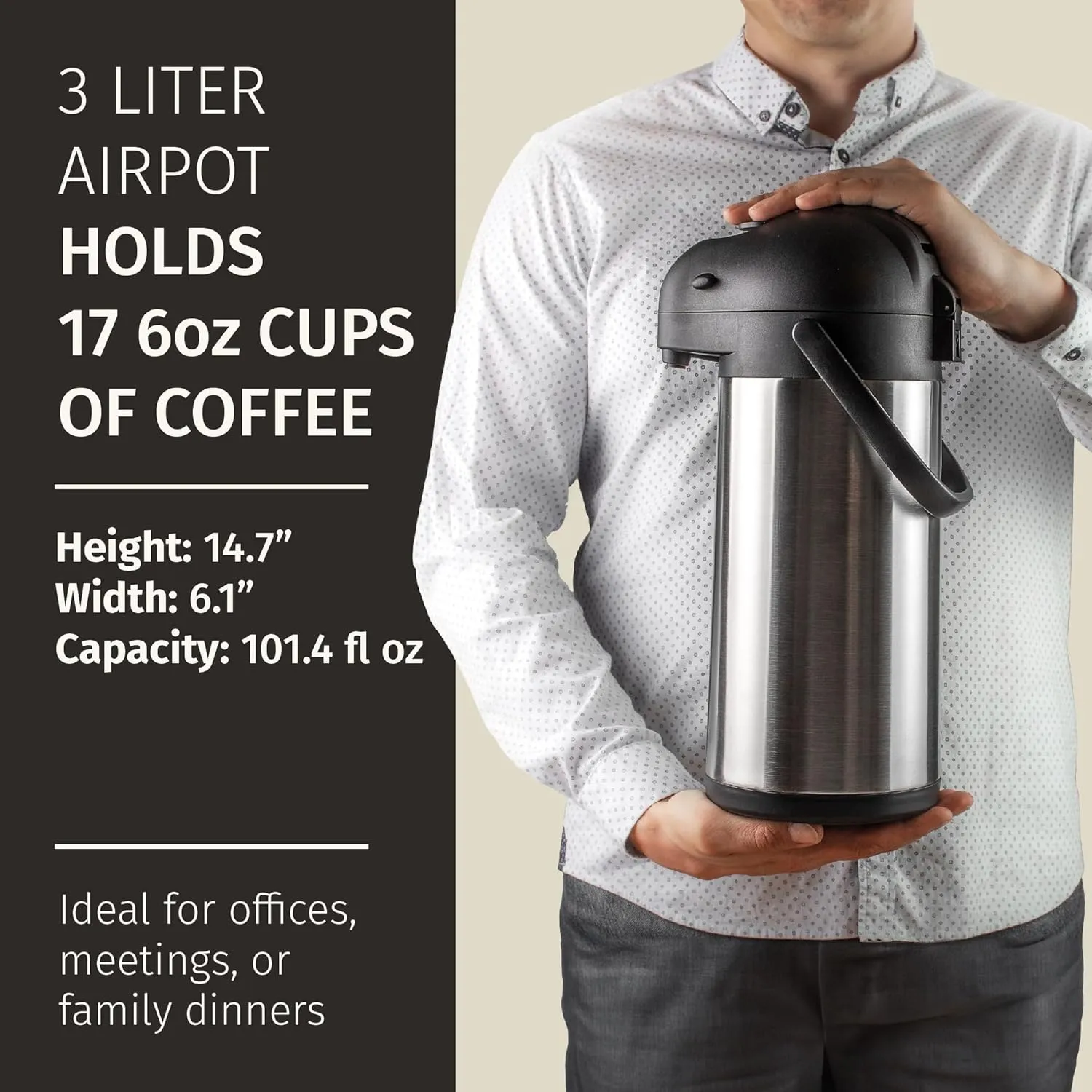 Cresimo 102oz Airpot Coffee Dispenser with Pump & Stainless Steel Table Tent Signs - 3L Airpots for Hot Beverages - Easy-to-Use Insulated Coffee Carafe with Pump & Beverage Labels