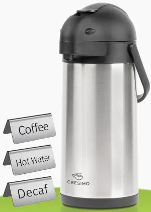 Cresimo 102oz Airpot Coffee Dispenser with Pump & Stainless Steel Table Tent Signs - 3L Airpots for Hot Beverages - Easy-to-Use Insulated Coffee Carafe with Pump & Beverage Labels