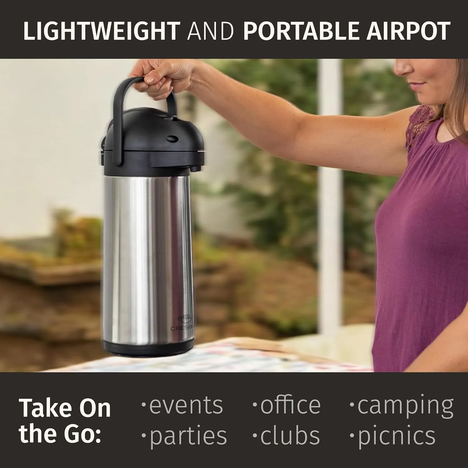 Cresimo 102oz Airpot Coffee Dispenser with Pump & Stainless Steel Table Tent Signs - 3L Airpots for Hot Beverages - Easy-to-Use Insulated Coffee Carafe with Pump & Beverage Labels