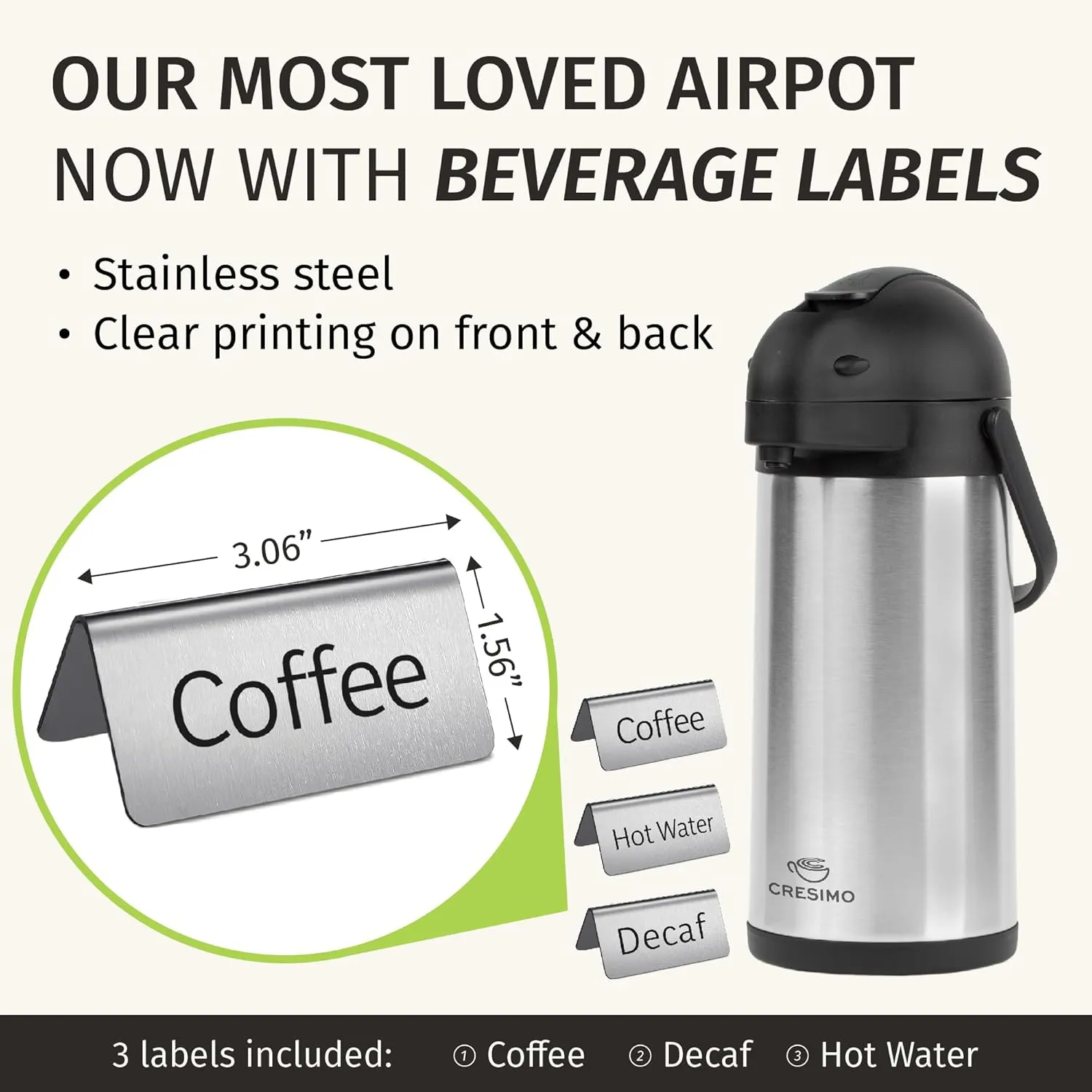 Cresimo 102oz Airpot Coffee Dispenser with Pump & Stainless Steel Table Tent Signs - 3L Airpots for Hot Beverages - Easy-to-Use Insulated Coffee Carafe with Pump & Beverage Labels