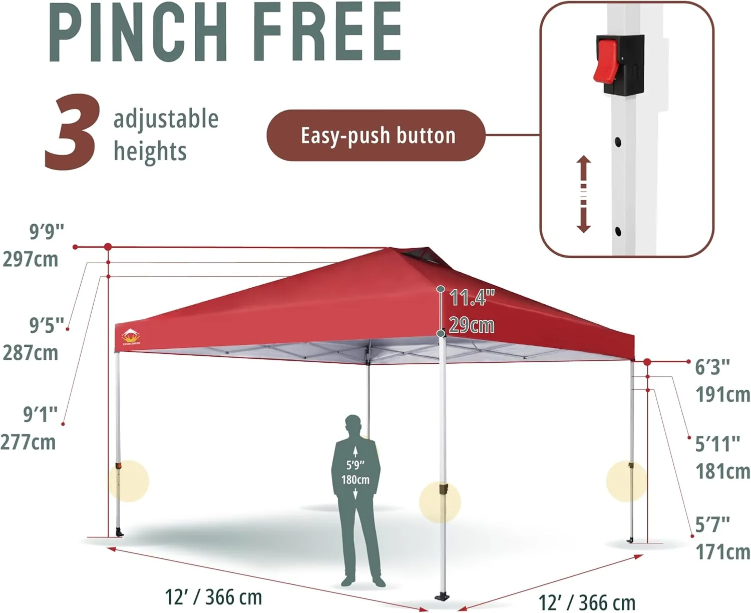 CROWN SHADES 12x12 Pop Up Canopy Outside Canopy, Patented One Push Tent Canopy with Wheeled Carry Bag, Bonus 8 Stakes and 4 Ropes, Red