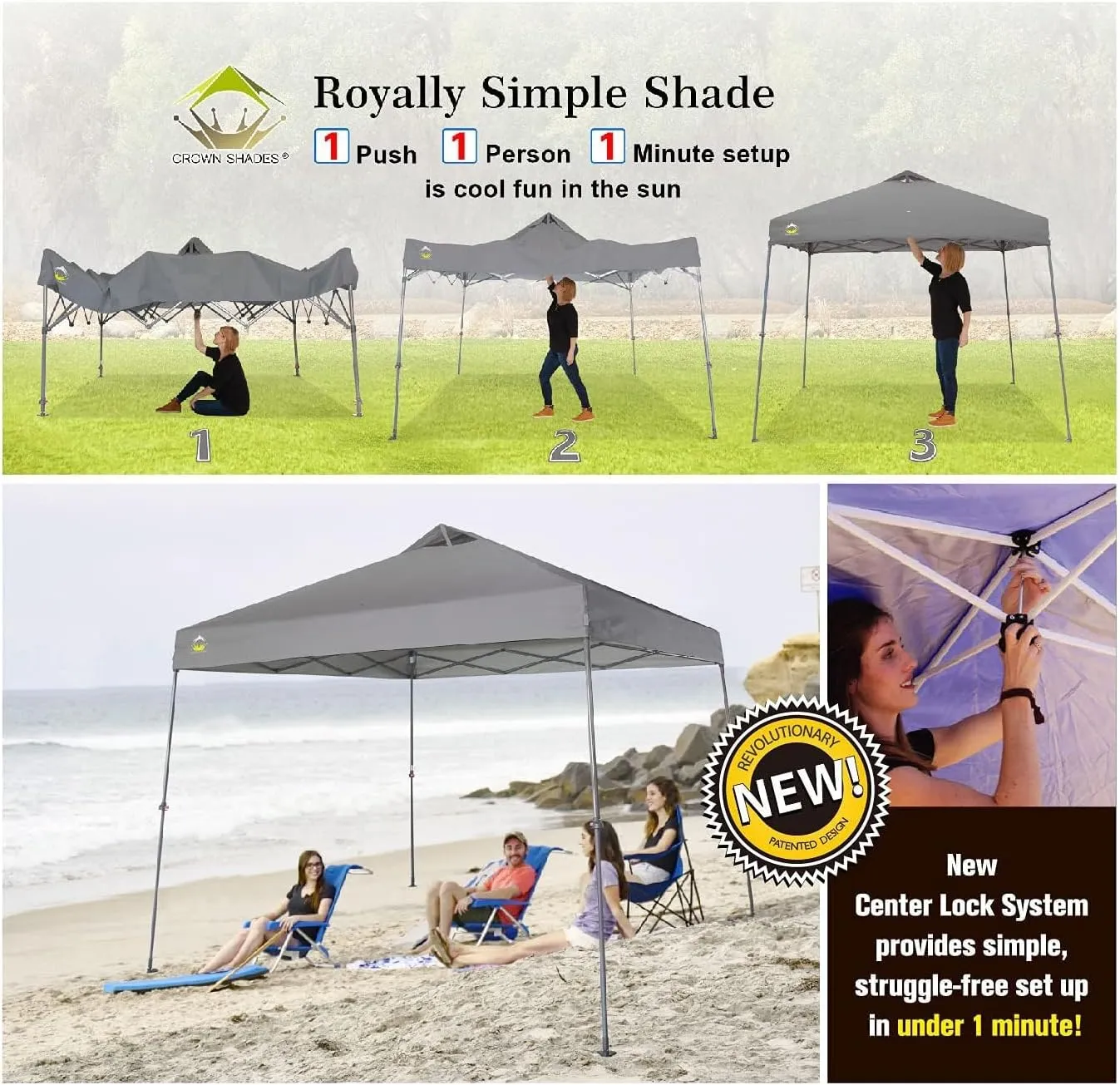 CROWN SHADES 9x9 Pop Up Canopy Tent Slanted Legs for Added Stability - Beach Tent Sun Shelter for Outdoor Shades - Canopy with 11x11 Base, with Carry Bag, Gray