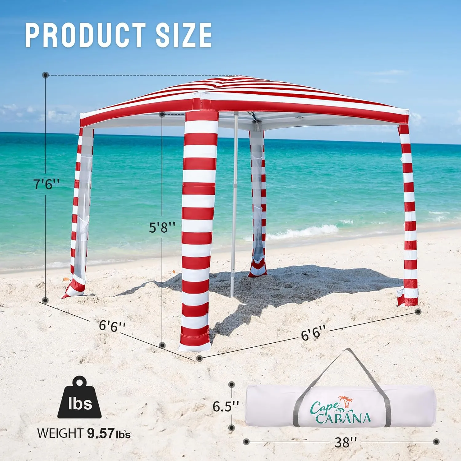 CROWN SHADES Beach Cabana 6.5 x 6.5, Cool Cabana Beach Tent Easy Pop Up - Beach Cabanas for Sand - UPF50  Protection with Sidewall and More Pockets, Red