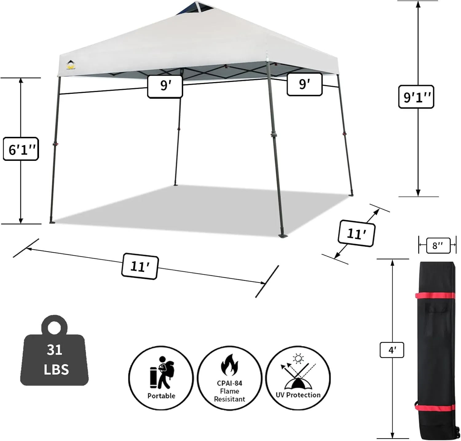 CROWN SHADES Pop Up Canopy - 11x11 Base Canopy Tent with One Push Setup - Pop Up Tent for Events, Parties, Camping - Gazebo with STO-N-Go Cover Bag, Silver Coated 9x9 Top, White