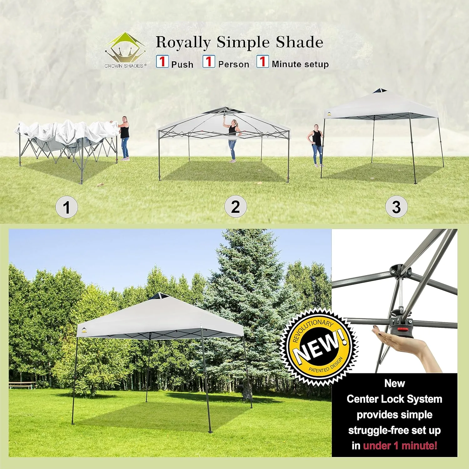 CROWN SHADES Pop Up Canopy - 11x11 Base Canopy Tent with One Push Setup - Pop Up Tent for Events, Parties, Camping - Gazebo with STO-N-Go Cover Bag, Silver Coated 9x9 Top, White