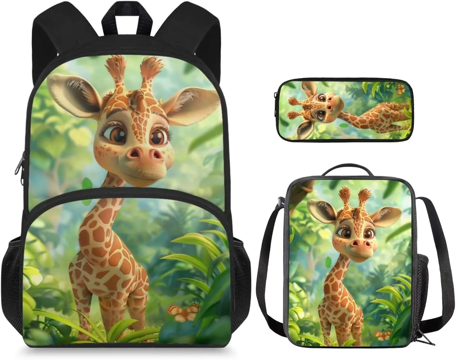 Cute Giraffe Backpack for Girls Boys Backpack with Lunch Box and Large Pencil Pouch 3Pcs Set 15" Sturdy Bookbag with Front Pocket for School Kids Lightweight Kindergarten School Bag