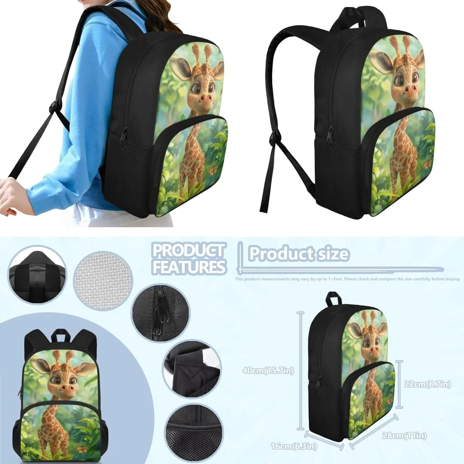Cute Giraffe Backpack for Girls Boys Backpack with Lunch Box and Large Pencil Pouch 3Pcs Set 15" Sturdy Bookbag with Front Pocket for School Kids Lightweight Kindergarten School Bag